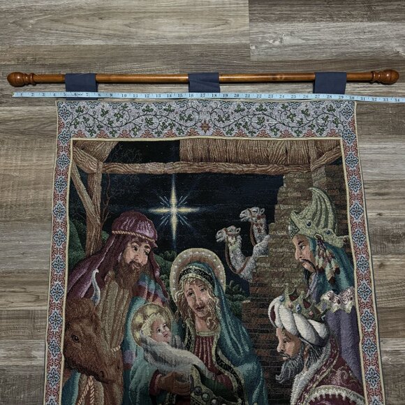 Vintage Nativity Scene Tapestry Wall Hanging With Rod Jesus Mary Wise Men 34x25" - Picture 5 of 8